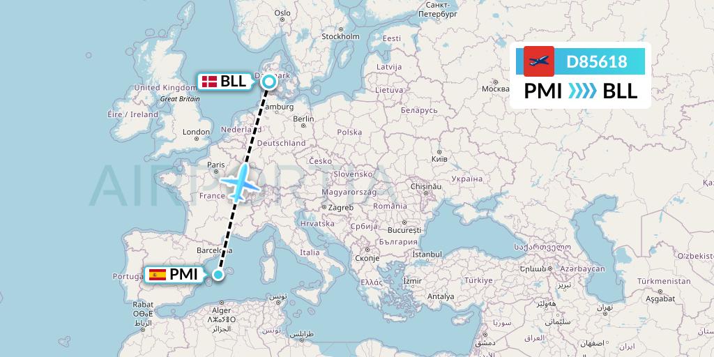 D85618 Norwegian Air International Flight Map: Palma de Mallorca to Billund