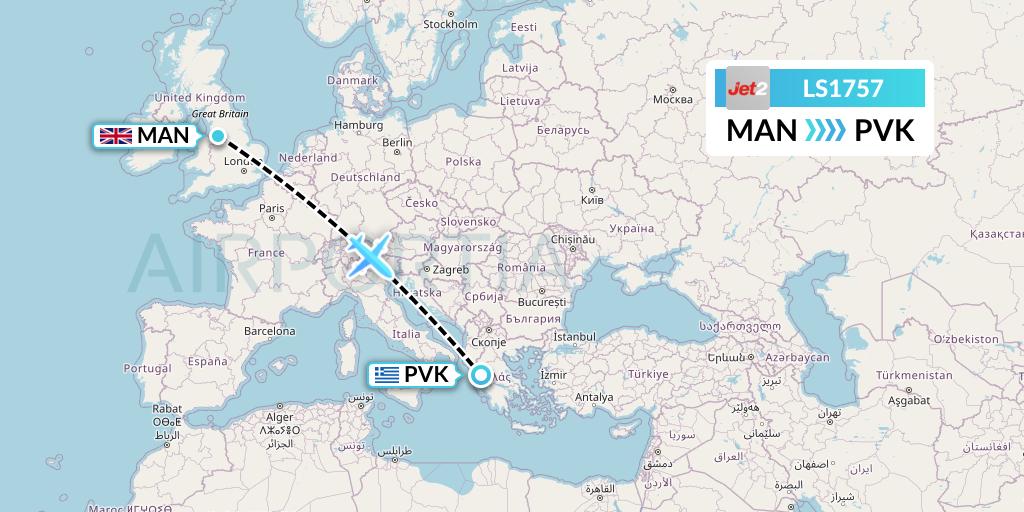 LS1757 Jet2 Flight Map: Manchester to Preveza