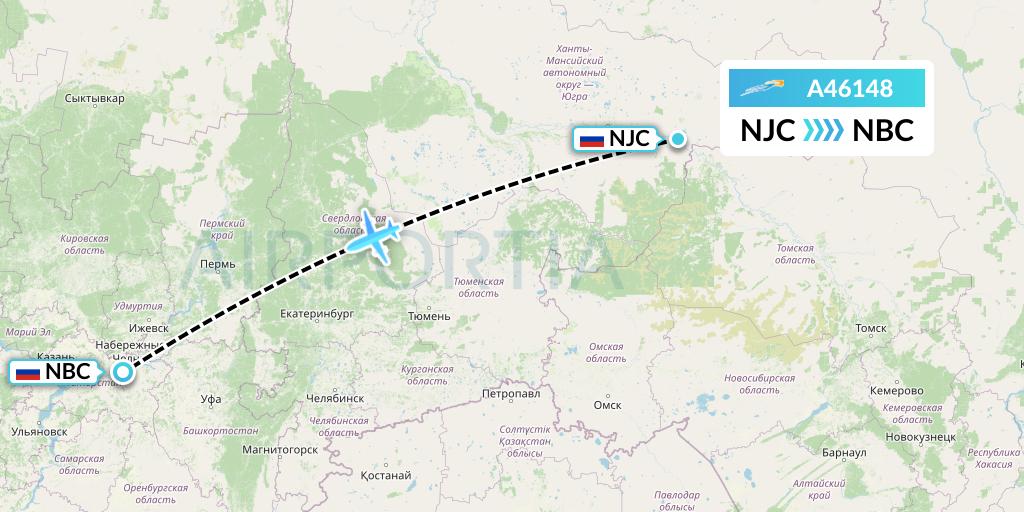 A46148 Azimuth Airlines Flight Map: Nizhnevartovsk to Naberezhnye Chelny