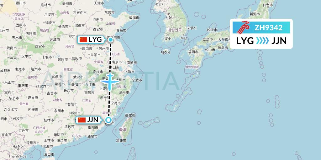 ZH9342 Shenzhen Airlines Flight Map: Lianyungang to Jinjiang