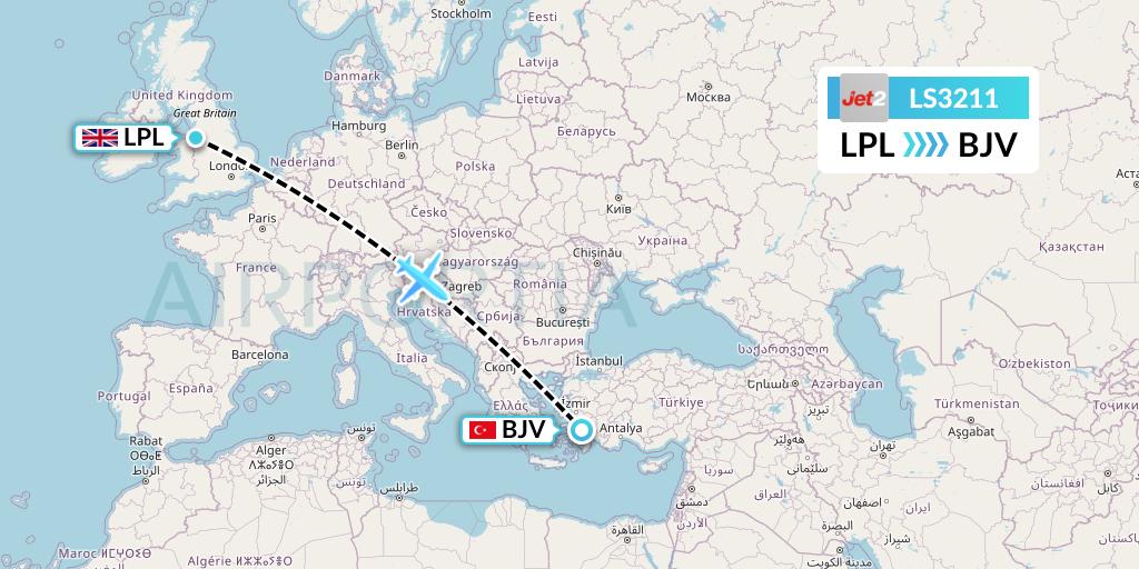 LS3211 Jet2 Flight Map: Liverpool to Bodrum