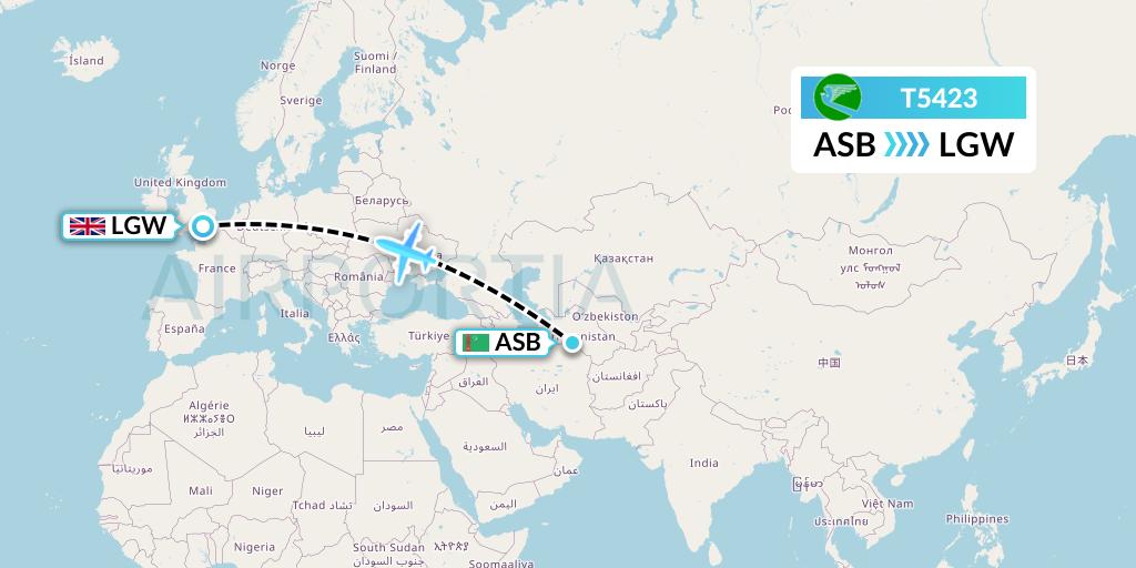T5423 Turkmenistan Airlines Flight Map: Ashgabat to London