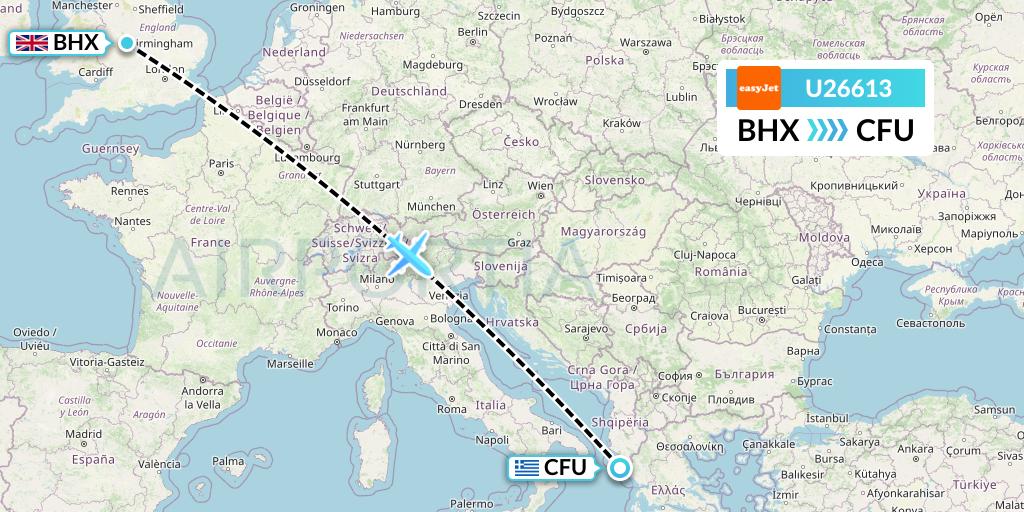 U26613 EasyJet Flight Map: Birmingham to Corfu