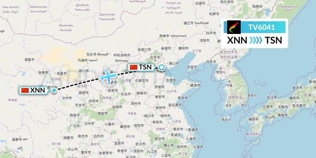 TV6041 Tibet Airlines Flight Map: Xining to Tianjin