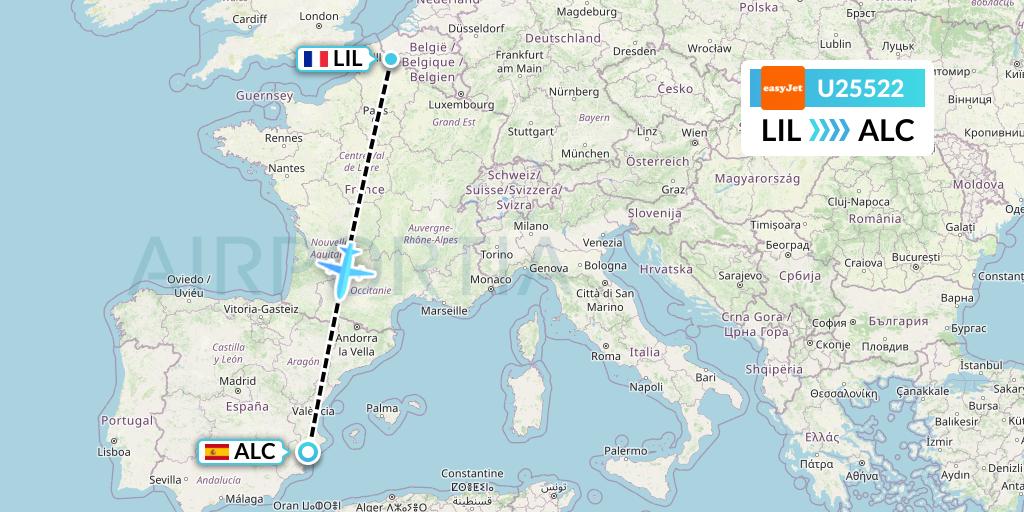 U25522 EasyJet Flight Map: Lille to Alicante