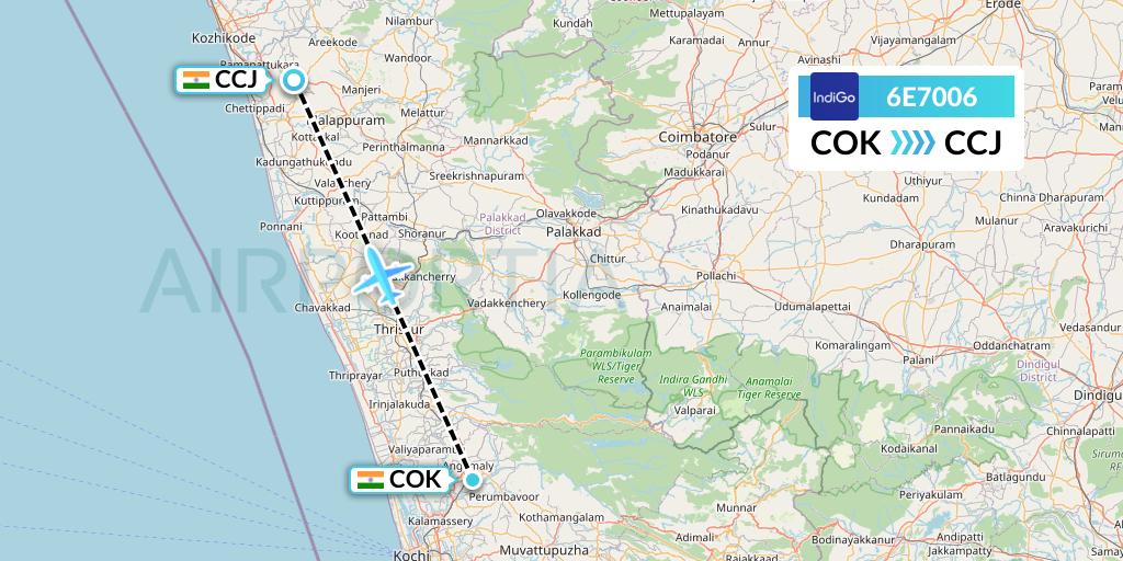 6E7006 IndiGo Airlines Flight Map: Cochin to Kozhikode