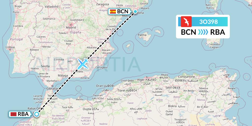 3O398 Air Arabia Maroc Flight Map: Barcelona to Rabat