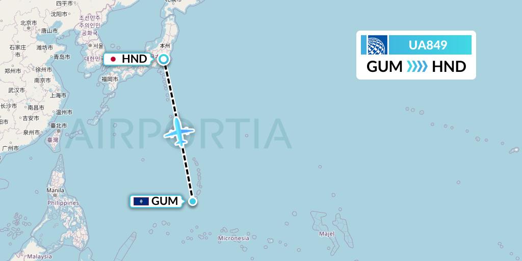 UA849 United Airlines Flight Map: Guam to Tokyo