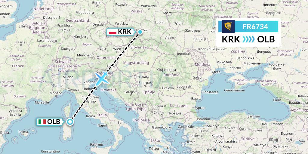 FR6734 Ryanair Flight Map: Krakow to Olbia
