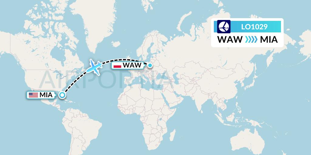 LO1029 LOT Flight Map: Warsaw to Miami