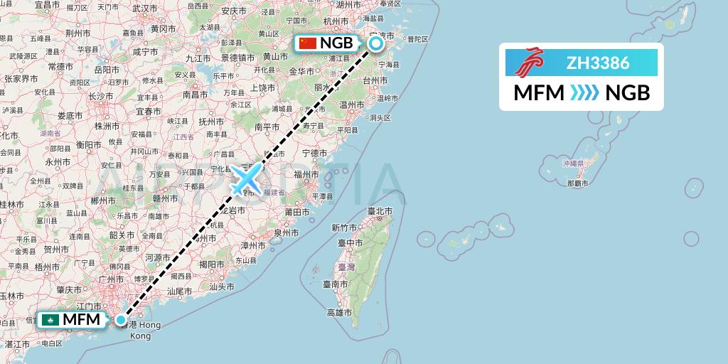 ZH3386 Shenzhen Airlines Flight Map: Macau to Ningbo