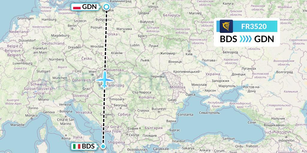 FR3520 Ryanair Flight Map: Brindisi to Gdansk