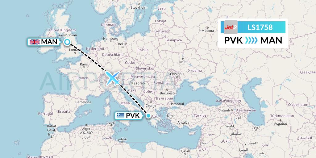 LS1758 Jet2 Flight Map: Preveza to Manchester