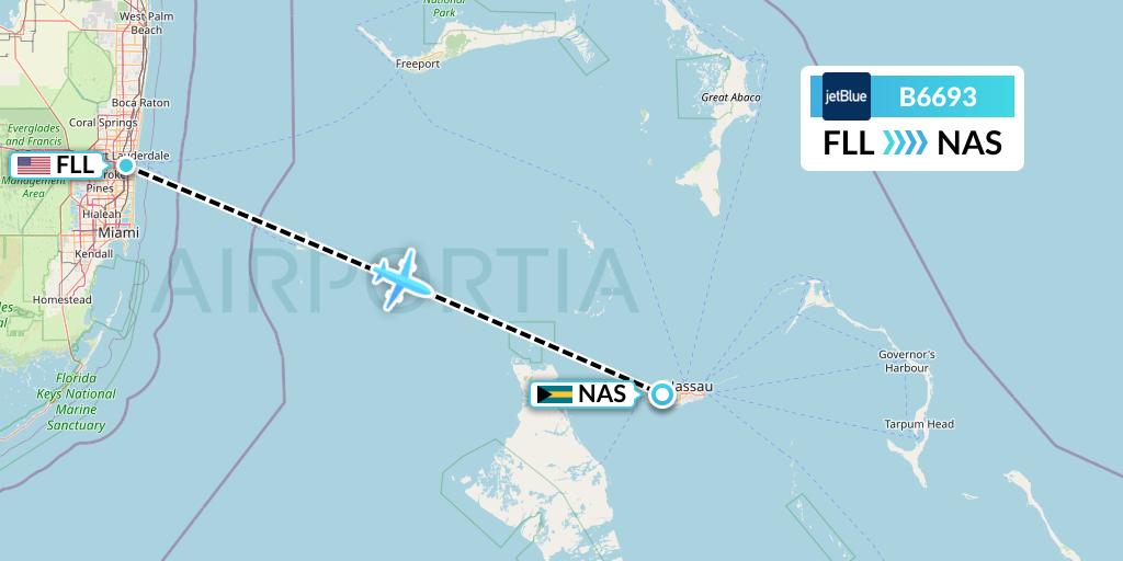 B6693 JetBlue Airways Flight Map: Fort Lauderdale to Nassau