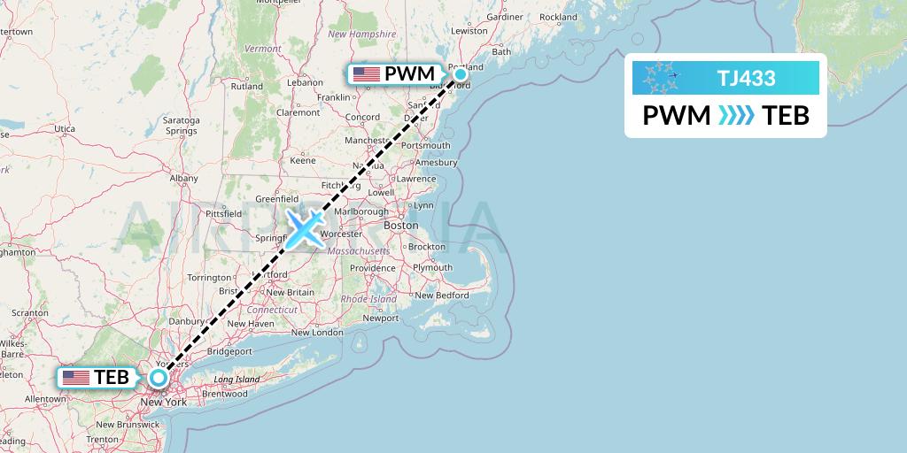 TJ433 Tradewind Aviation Flight Map: Portland to Teterboro