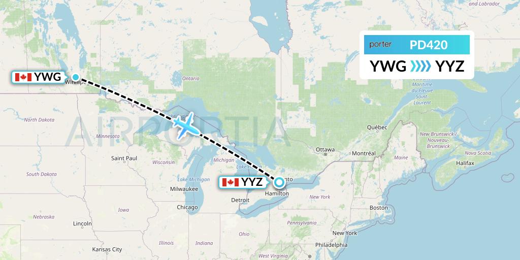 PD420 Porter Airlines Flight Map: Winnipeg to Toronto