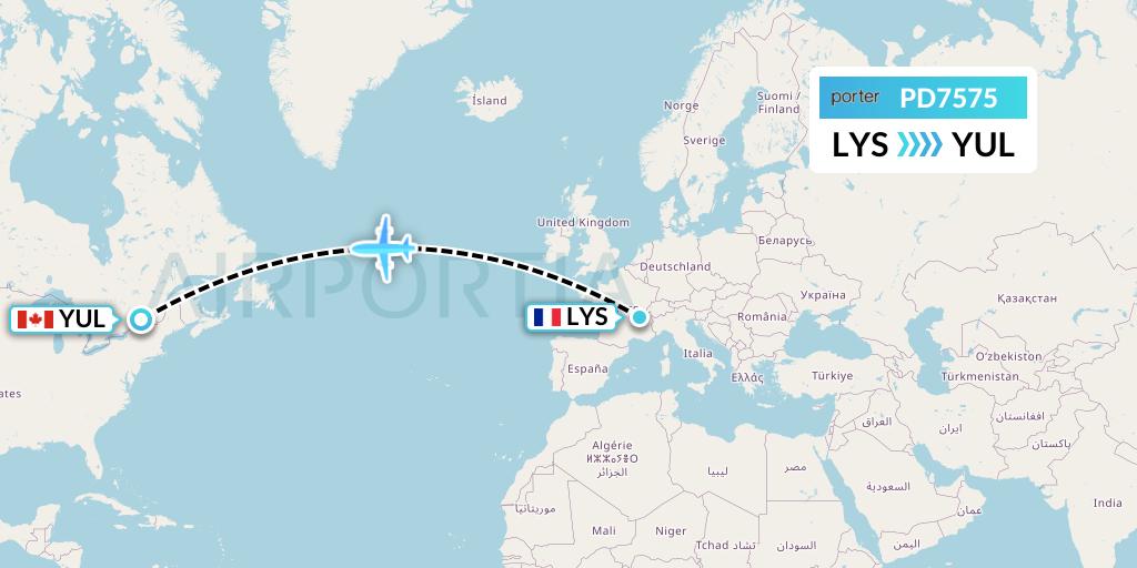 PD7575 Porter Airlines Flight Map: Lyon to Montreal