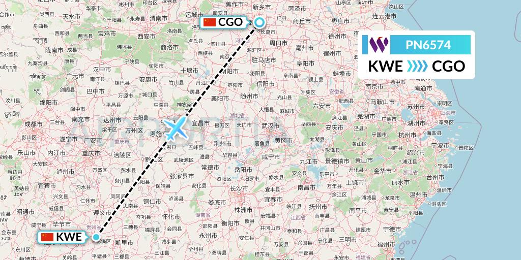 PN6574 China West Air Flight Map: Guiyang to Zhengzhou
