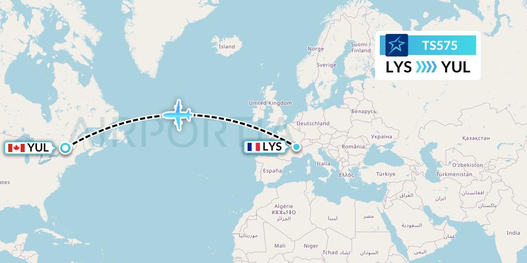 TS575 Air Transat Flight Map: Lyon to Montreal