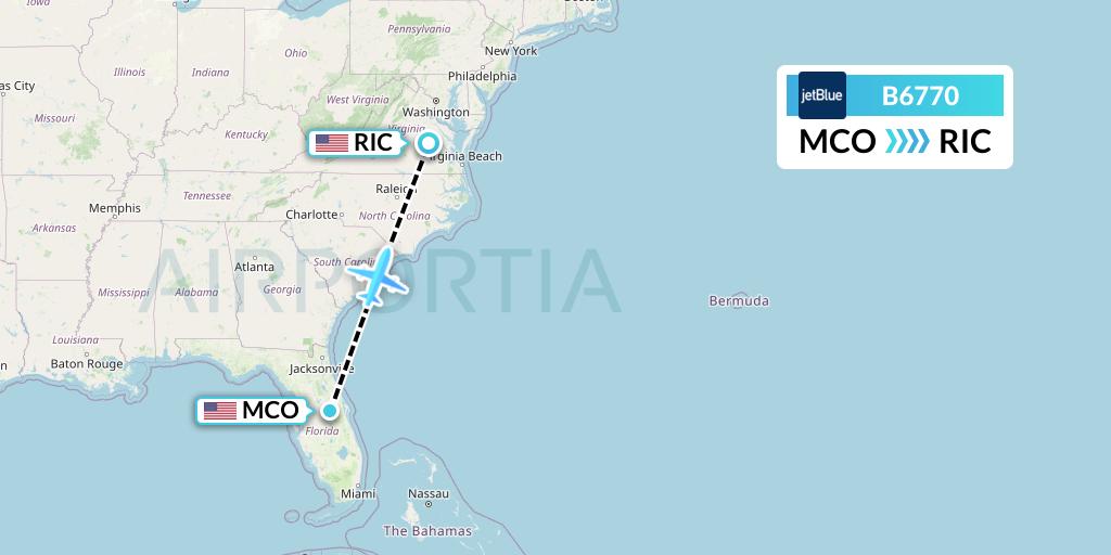 B6770 JetBlue Airways Flight Map: Orlando to Richmond