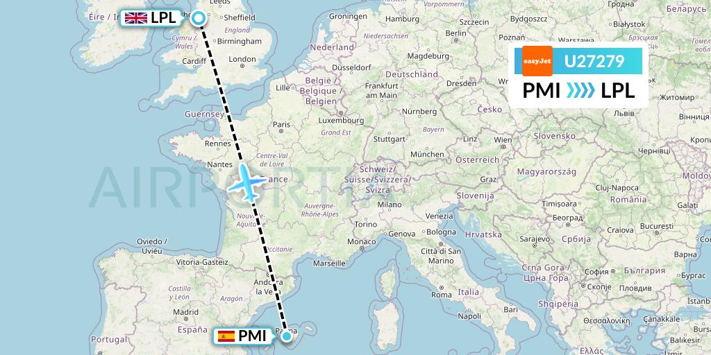U27279 EasyJet Flight Map: Palma de Mallorca to Liverpool