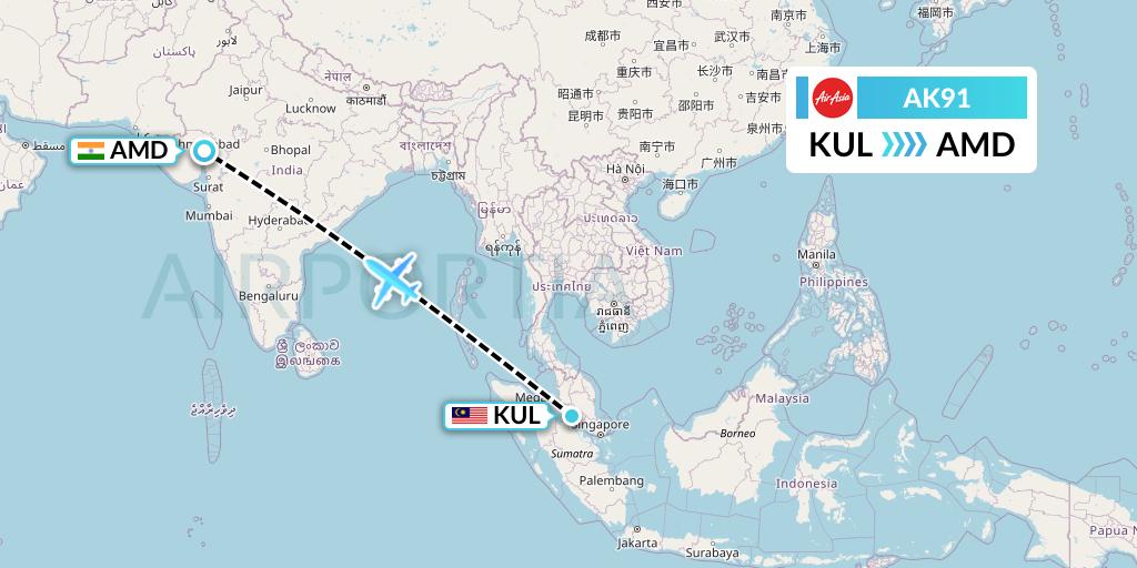 AK91 AirAsia Flight Map: Kuala Lumpur to Ahmedabad