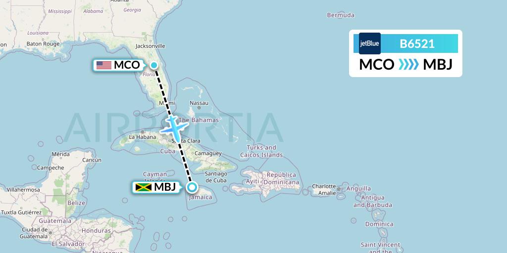 B6521 JetBlue Airways Flight Map: Orlando to Montego Bay