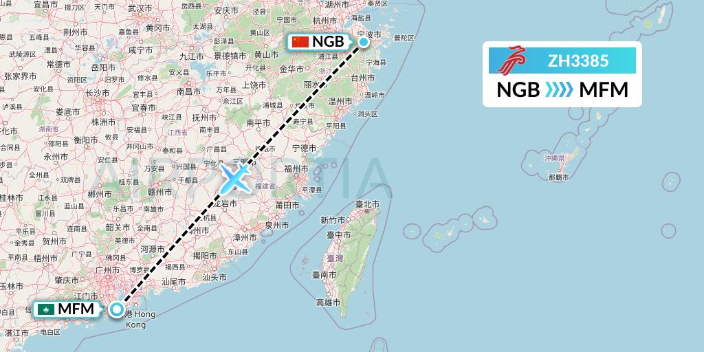 ZH3385 Shenzhen Airlines Flight Map: Ningbo to Macau