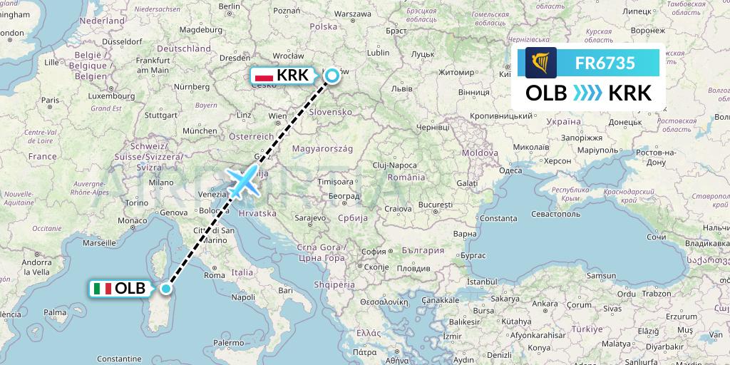 FR6735 Ryanair Flight Map: Olbia to Krakow