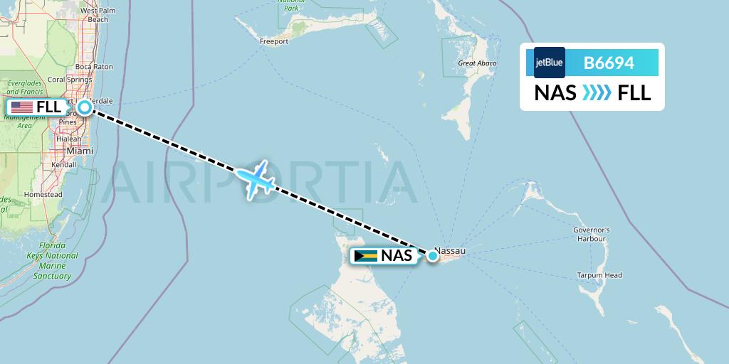 B6694 JetBlue Airways Flight Map: Nassau to Fort Lauderdale