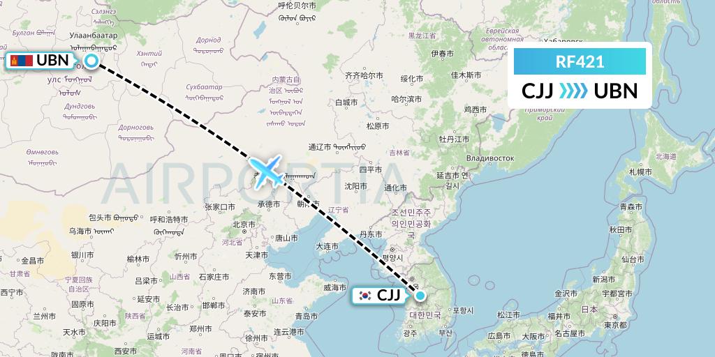 RF421 Aero K Airlines Flight Map: Cheongju to Ulan Bator