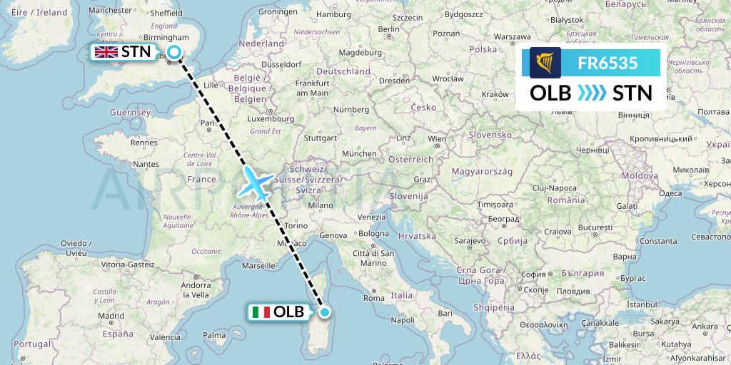 FR6535 Ryanair Flight Map: Olbia to London
