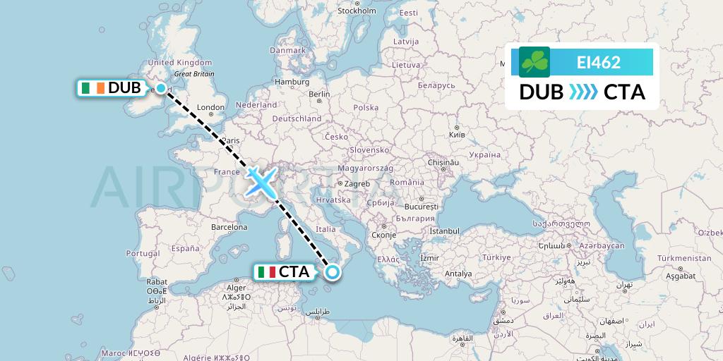 EI462 Aer Lingus Flight Map: Dublin to Catania