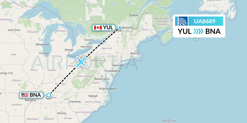 UA8689 United Airlines Flight Map: Montreal to Nashville