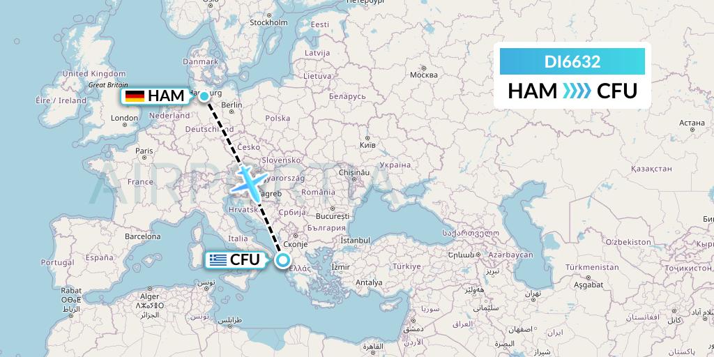 DI6632 Marabu Airlines Flight Map: Hamburg to Corfu