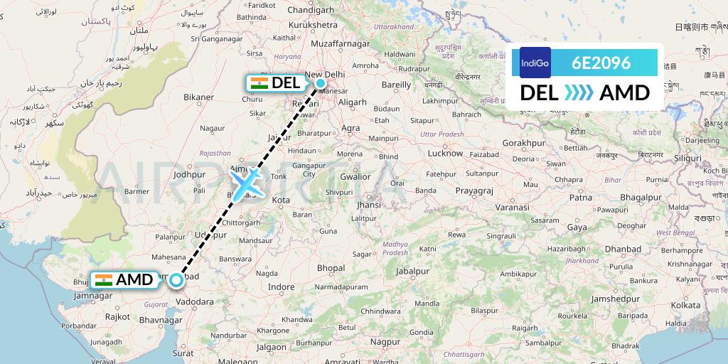 6E2096 IndiGo Airlines Flight Map: Delhi to Ahmedabad