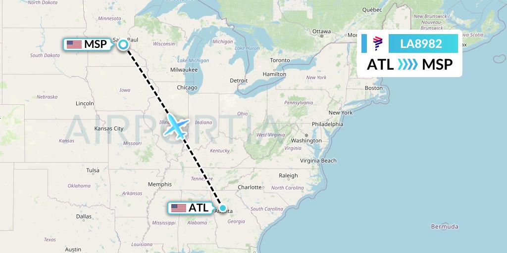 LA8982 LAN Airlines Flight Map: Atlanta to Minneapolis