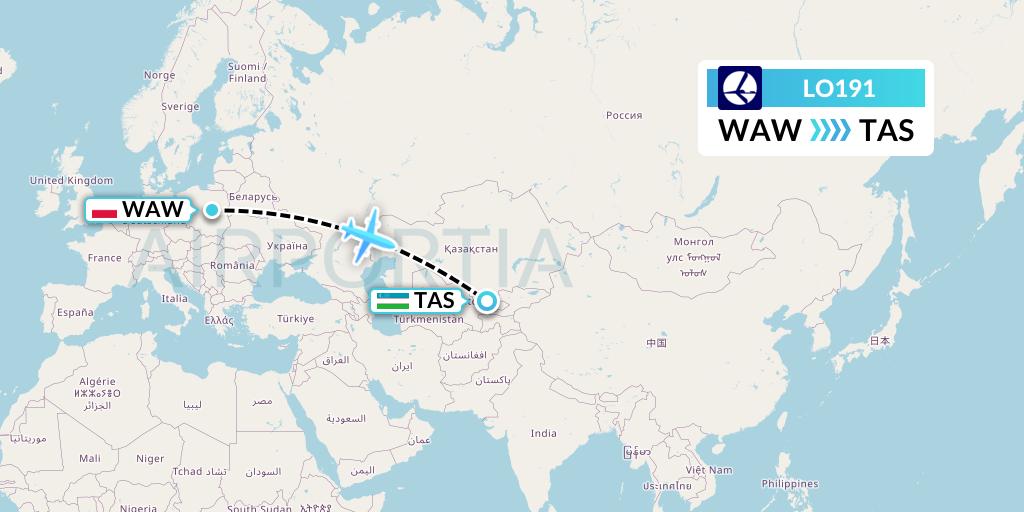 LO191 LOT Flight Map: Warsaw to Tashkent