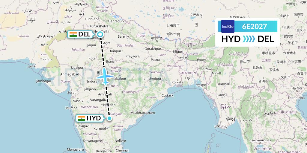 6E2027 IndiGo Airlines Flight Map: Hyderabad to Delhi