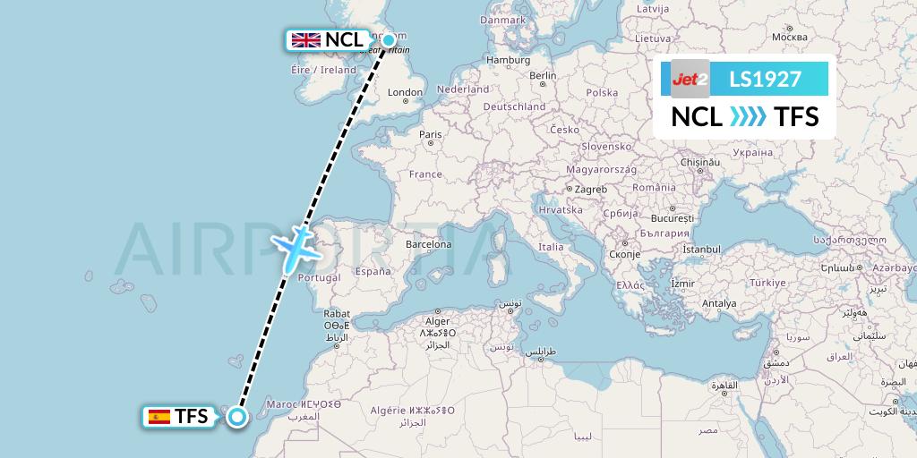 LS1927 Jet2 Flight Map: Newcastle to Tenerife