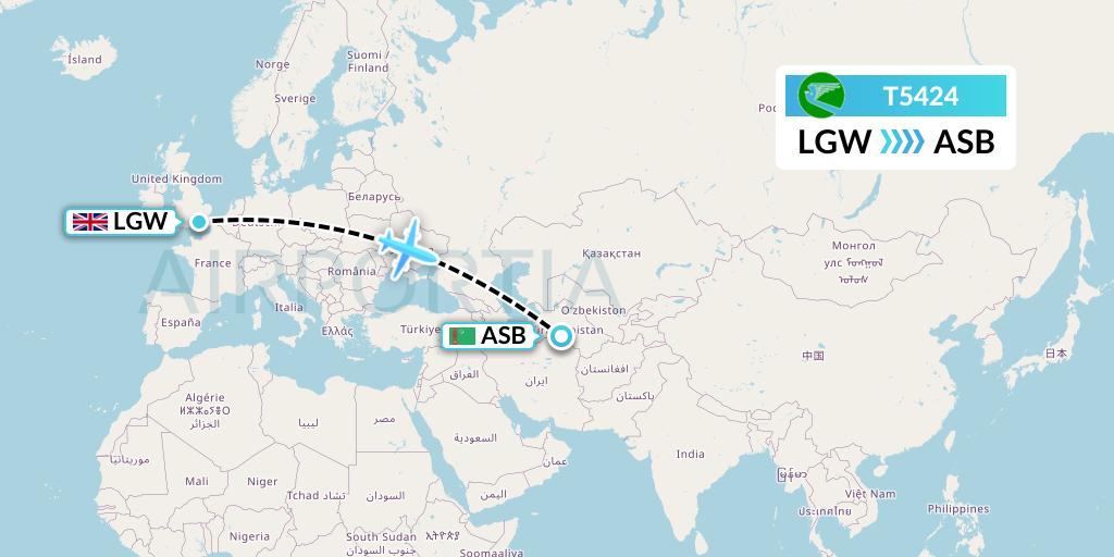 T5424 Turkmenistan Airlines Flight Map: London to Ashgabat