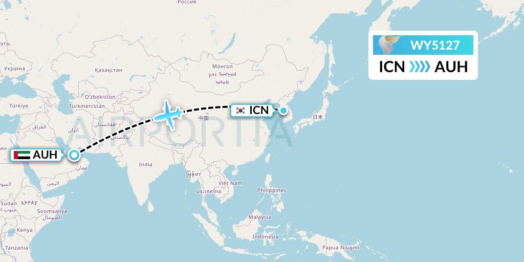WY5127 Oman Air Flight Map: Seoul to Abu Dhabi