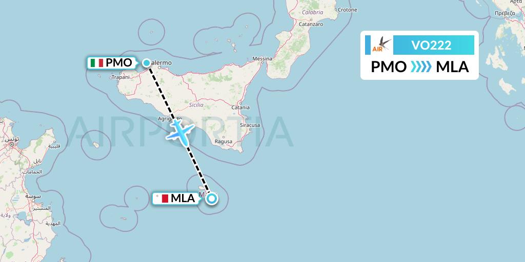 VO222 Voyage Air Flight Map: Palermo to Malta