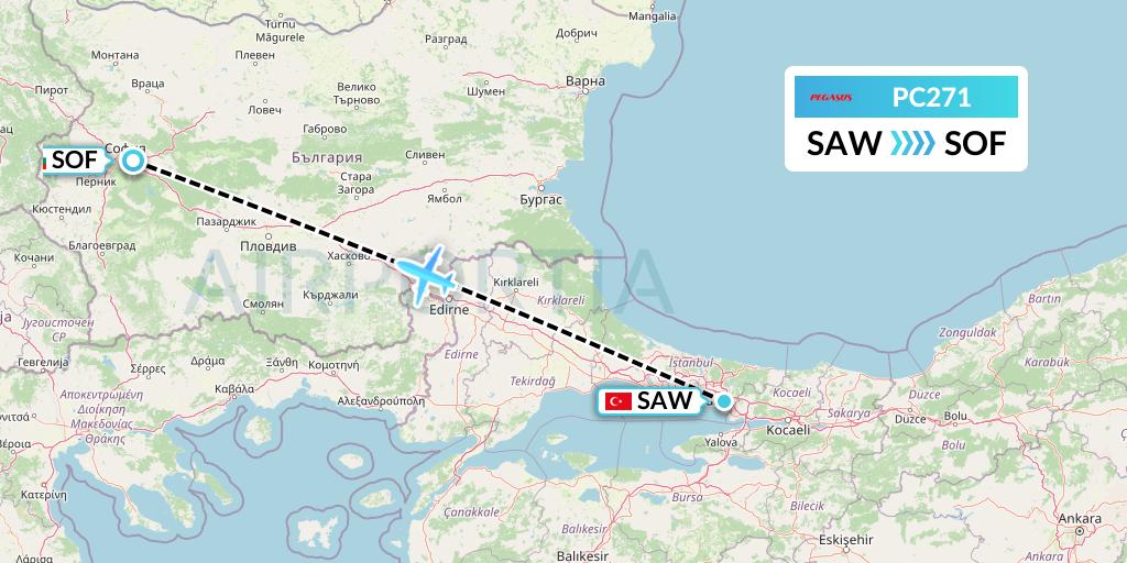 PC271 Pegasus Airlines Flight Map: Istanbul to Sofia