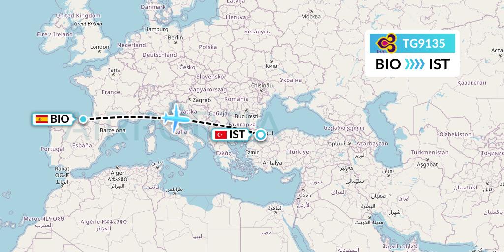 TG9135 Thai Airways Flight Map: Bilbao to Istanbul
