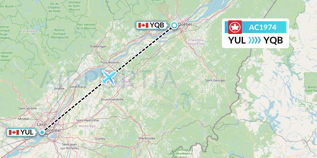 AC1974 Air Canada Flight Map: Montreal to Quebec