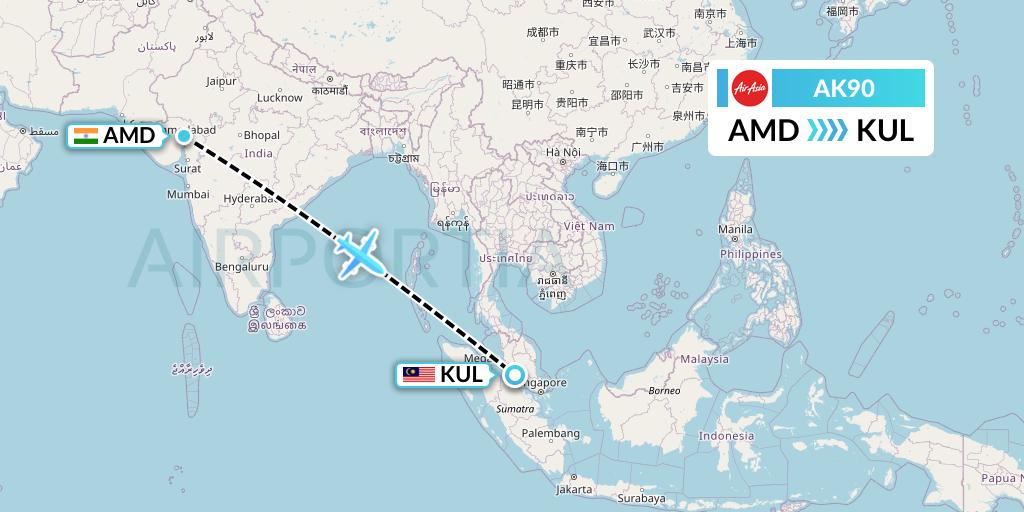 AK90 AirAsia Flight Map: Ahmedabad to Kuala Lumpur