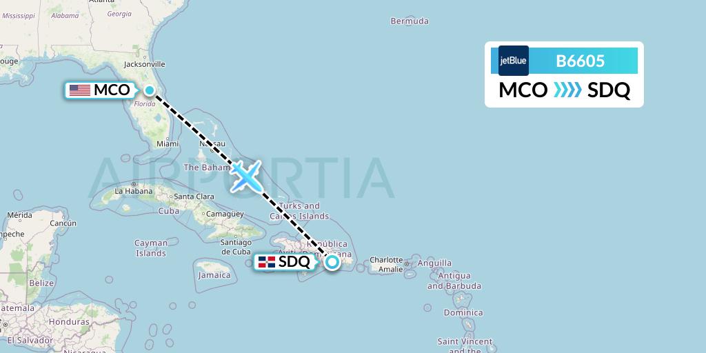 B6605 JetBlue Airways Flight Map: Orlando to Santo Domingo