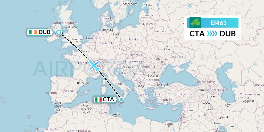 EI463 Aer Lingus Flight Map: Catania to Dublin