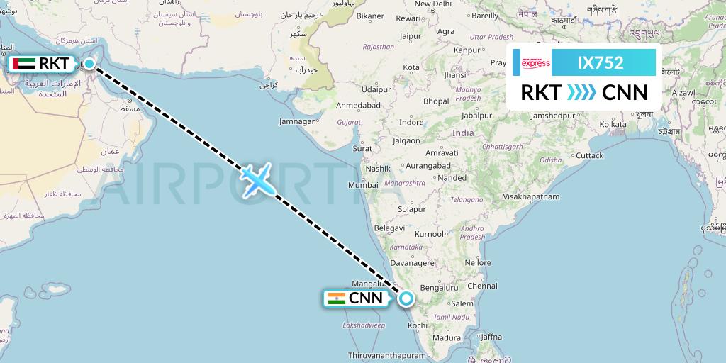 IX752 Air India Express Flight Map: Ra'sal-Khaymah to Mattannur